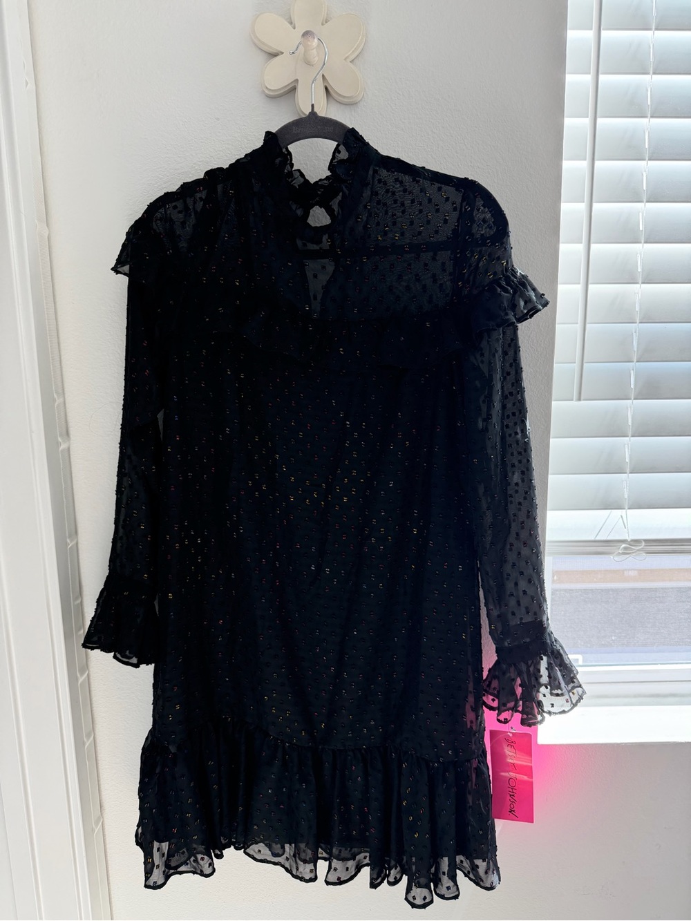 Betsey Johnson Black Ruffle Swiss Dot Long-Sleeve Dress